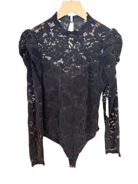SAYLOR Black Lace Puff-Sleeve Bodysuit